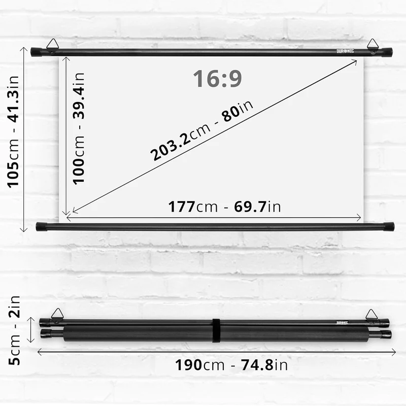Duronic BPS80 16:9 Projektorleinwand, Beamerleinwand 80 Zoll, Heimkino mit 4K Full HD 3D, Rolloleinwand 1.0 Gain, Beamer Leinwand für Wandmontage, Filmnacht, Videoleinwand für Büro Schulen