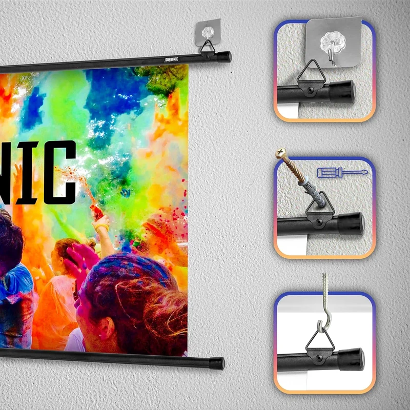 Duronic BPS80 16:9 Projektorleinwand, Beamerleinwand 80 Zoll, Heimkino mit 4K Full HD 3D, Rolloleinwand 1.0 Gain, Beamer Leinwand für Wandmontage, Filmnacht, Videoleinwand für Büro Schulen