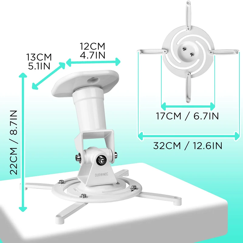 Duronic Projector Mount PB07XB | Bracket Fixing for Ceiling | 10kg Capacity | Multi-Fit Projector Bracket| Heavy Duty | Fittings Included | Rotate 360 °, Swivel 180 °, Tilt 180° for Easy Projection Set-up