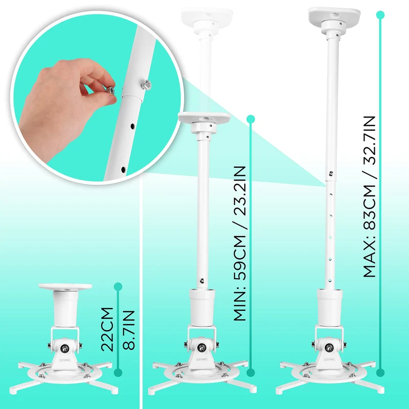 Duronic Projector Mount PB08XL | Extra Long Bracket Fixing for Ceiling | 10kg Capacity | Multi-Fit Projector Bracket | Heavy Duty | Fittings Included | Rotate 360°, Swivel 180°, Tilt 180° for Easy Projection Set-up