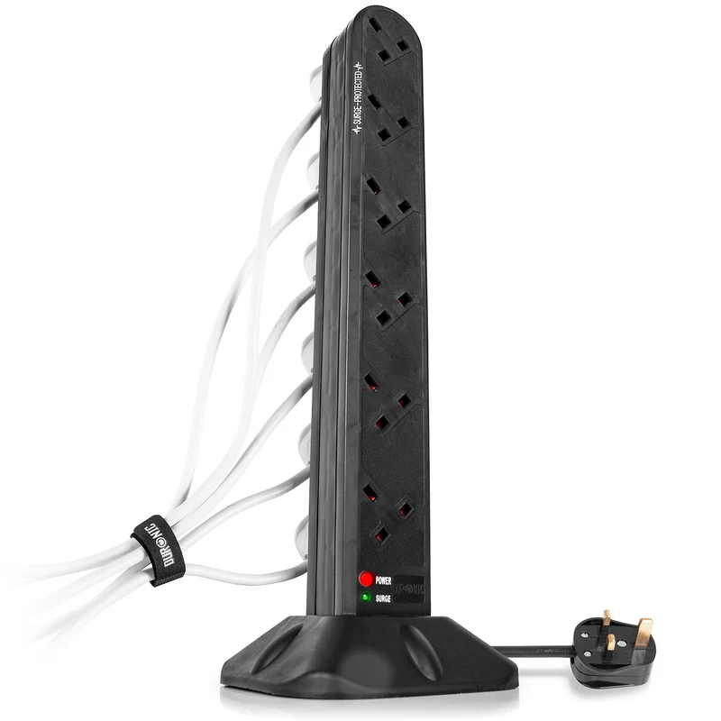 Duronic Tower Extension Lead ST12B 12 Gang Surge Protected Extension leads Black 12 Way Electric Power Strip with Spike Protection Multi UK Plug Outlet Socket with 2m Cable