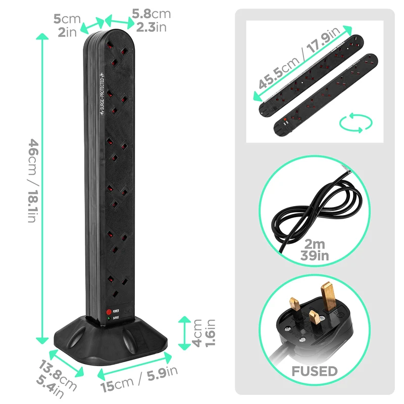 Duronic Tower Extension Lead ST12B 12 Gang Surge Protected Extension leads Black 12 Way Electric Power Strip with Spike Protection Multi UK Plug Outlet Socket with 2m Cable