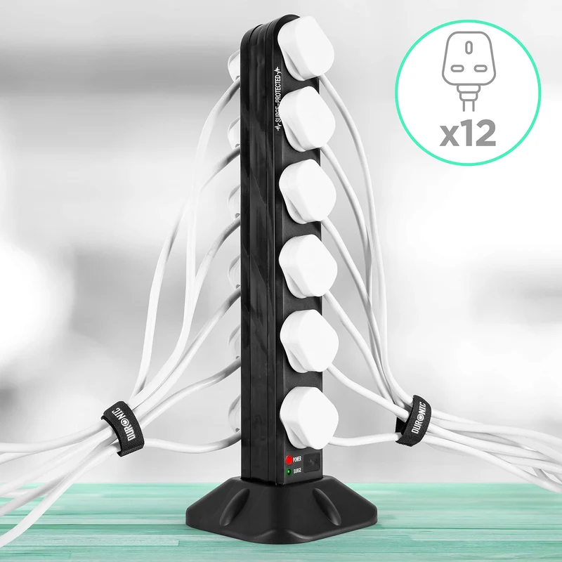 Duronic Tower Extension Lead ST12B 12 Gang Surge Protected Extension leads Black 12 Way Electric Power Strip with Spike Protection Multi UK Plug Outlet Socket with 2m Cable