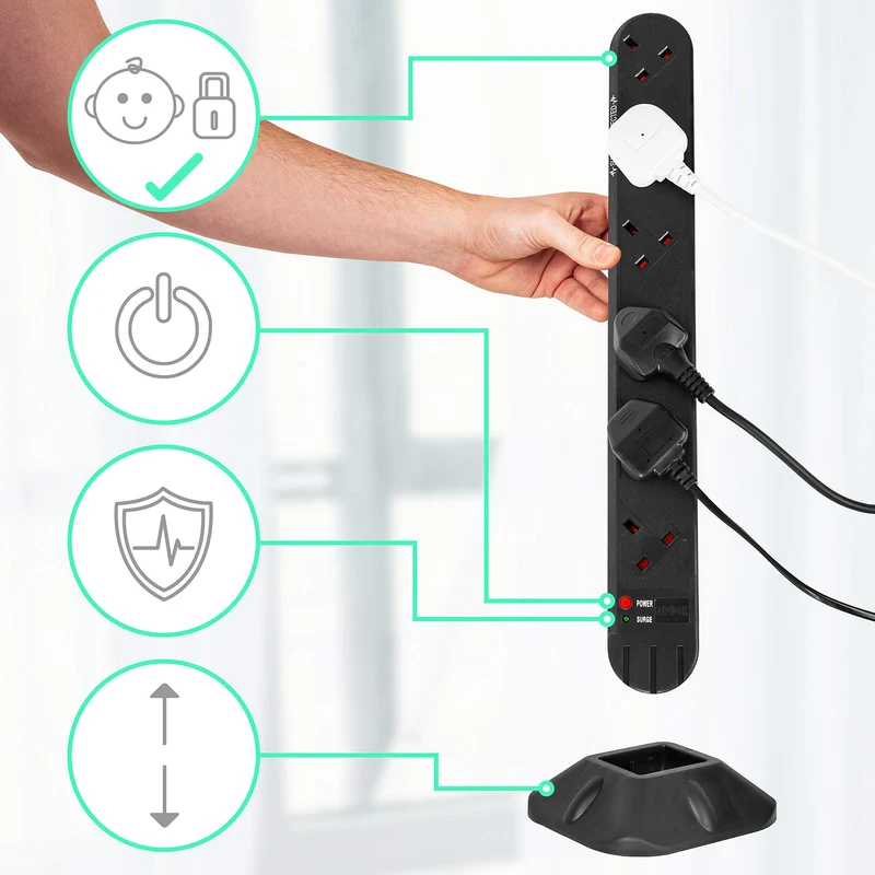 Duronic Tower Extension Lead ST12B 12 Gang Surge Protected Extension leads Black 12 Way Electric Power Strip with Spike Protection Multi UK Plug Outlet Socket with 2m Cable