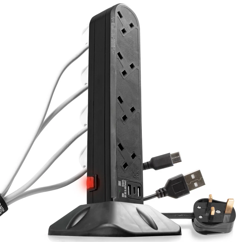 Duronic Tower Extension Lead ST8B 8 Gang Surge Protected Extension leads with USB and USB-C Slot Black 8 Way Electric Power Strip with Spike Protection Multi Plug Outlet Socket with 2m Cable & UK Plug