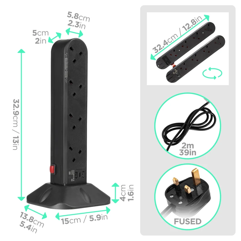 Duronic Tower Extension Lead ST8B 8 Gang Surge Protected Extension leads with USB and USB-C Slot Black 8 Way Electric Power Strip with Spike Protection Multi Plug Outlet Socket with 2m Cable & UK Plug