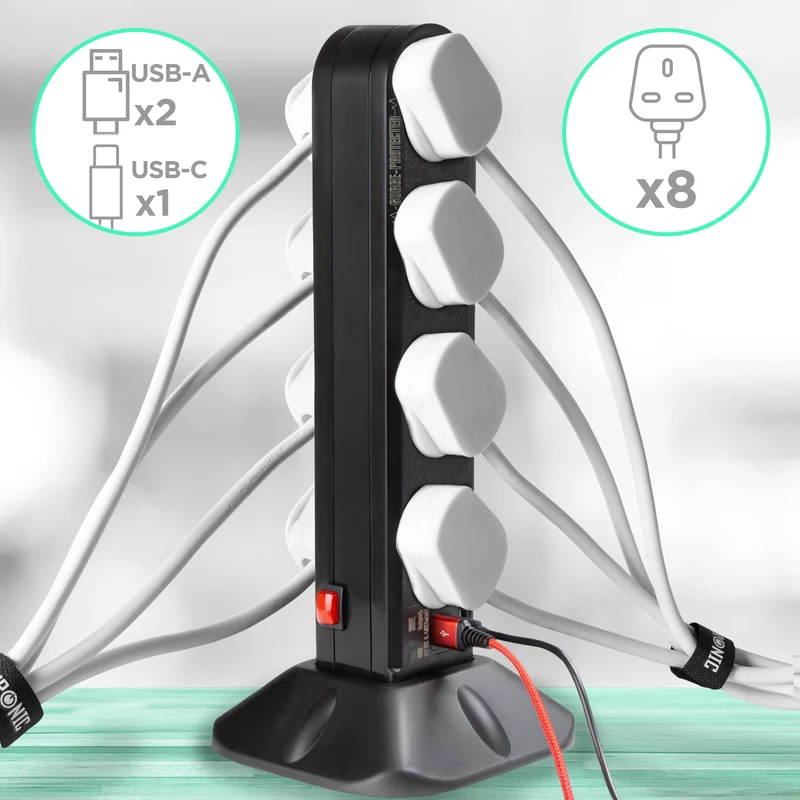 Duronic Tower Extension Lead ST8B 8 Gang Surge Protected Extension leads with USB and USB-C Slot Black 8 Way Electric Power Strip with Spike Protection Multi Plug Outlet Socket with 2m Cable & UK Plug