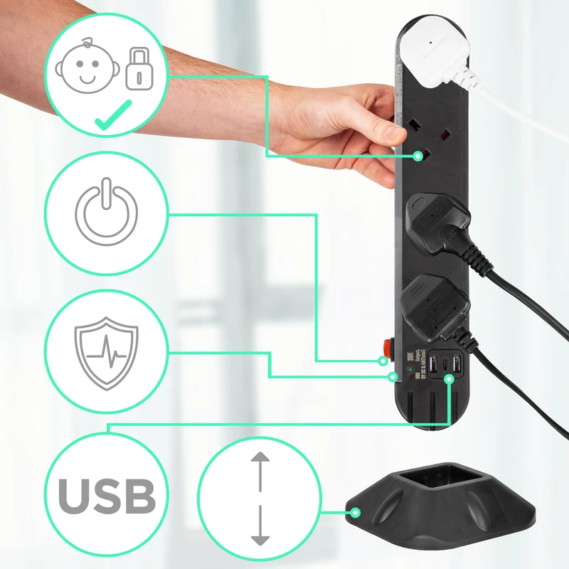 Duronic Tower Extension Lead ST8B 8 Gang Surge Protected Extension leads with USB and USB-C Slot Black 8 Way Electric Power Strip with Spike Protection Multi Plug Outlet Socket with 2m Cable & UK Plug