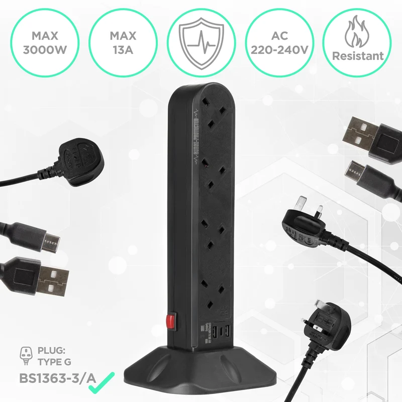 Duronic Tower Extension Lead ST8B 8 Gang Surge Protected Extension leads with USB and USB-C Slot Black 8 Way Electric Power Strip with Spike Protection Multi Plug Outlet Socket with 2m Cable & UK Plug