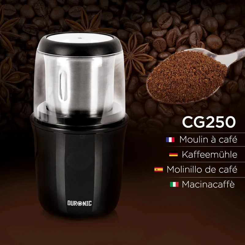 Duronic CG250 Kaffeemühle, 250W elektrische Kaffemühle, Gewürzmühle 75 g Fassungsvermögen, Coffee Grinder für Kaffeebohnen Gewürze Kräuter Nüsse Getreide, Zucker, Kaffeemahlmaschine, Kaffeemahlwerk