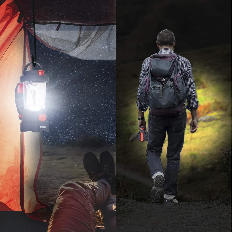 Duronic Hurricane Campinglampe, Taschenlampe mit Laterne und Notfallsignal, wiederaufladbar mit Kurbel oder USB, inkl. Powerbank Funktion, mit Haken