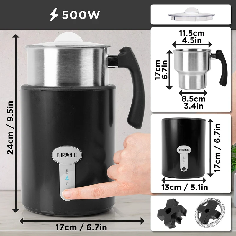 Duronic Milk Frother Electric MF500 BK Coffee Milk Frothers Steamer, Automatic Hot and Cold Foam Maker, Hot Chocolate Machine with Milk Heater and Warmer for Latte Froth, Coffees and Matcha