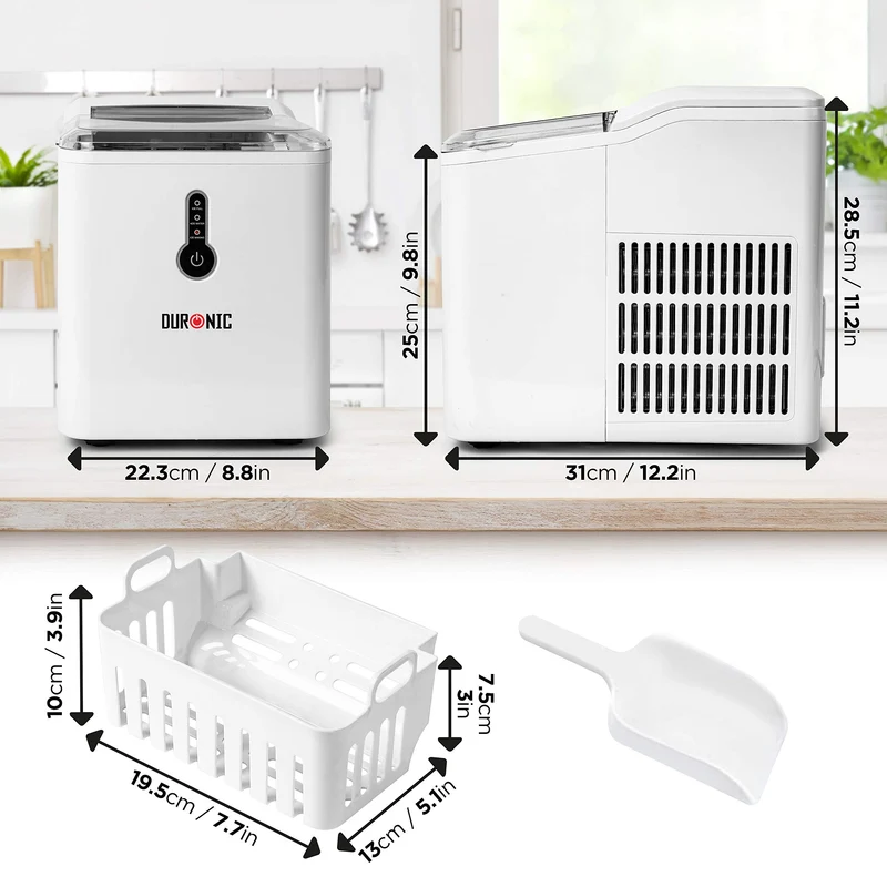 Duronic Ice Maker ICM120, Fast Clear Ice Maker Machine with 7-Min Cycle, Portable Automatic Ice Cube Maker with Ice Scoop & Basket for Home, Office, Bar, BBQ Party, RV 12KG in 24H Self-Cleaning - White