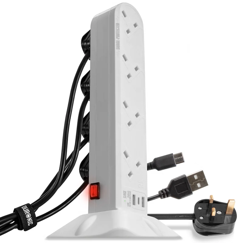 Duronic Tower Extension Lead ST8W 8 Gang Surge Protected Extension leads with USB and USB-C Slot White 8 Way Electric Power Strip with Spike Protection Multi Plug Outlet Socket with 2m Cable & UK Plug