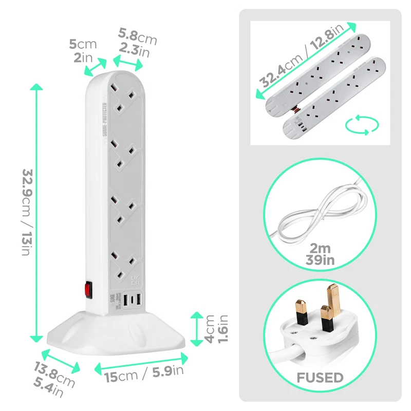 Duronic Tower Extension Lead ST8W 8 Gang Surge Protected Extension leads with USB and USB-C Slot White 8 Way Electric Power Strip with Spike Protection Multi Plug Outlet Socket with 2m Cable & UK Plug
