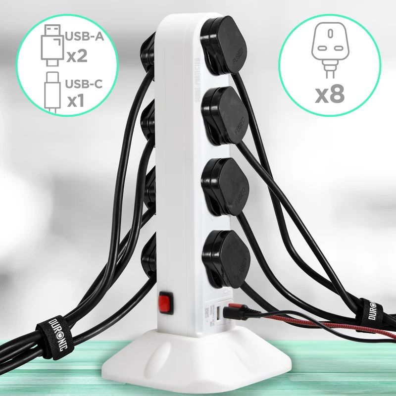 Duronic Tower Extension Lead ST8W 8 Gang Surge Protected Extension leads with USB and USB-C Slot White 8 Way Electric Power Strip with Spike Protection Multi Plug Outlet Socket with 2m Cable & UK Plug