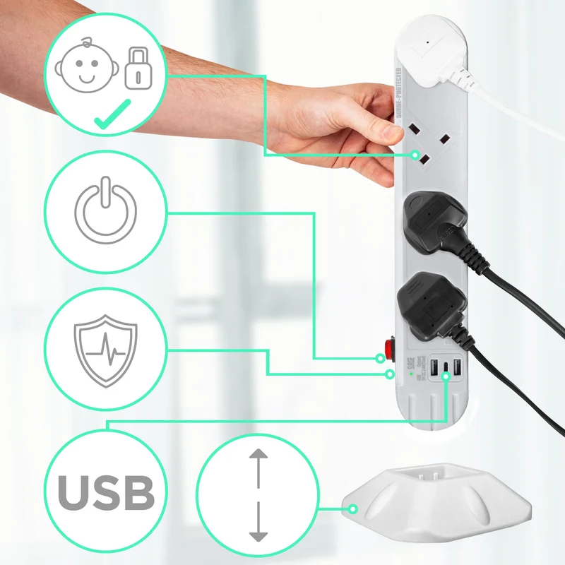 Duronic Tower Extension Lead ST8W 8 Gang Surge Protected Extension leads with USB and USB-C Slot White 8 Way Electric Power Strip with Spike Protection Multi Plug Outlet Socket with 2m Cable & UK Plug