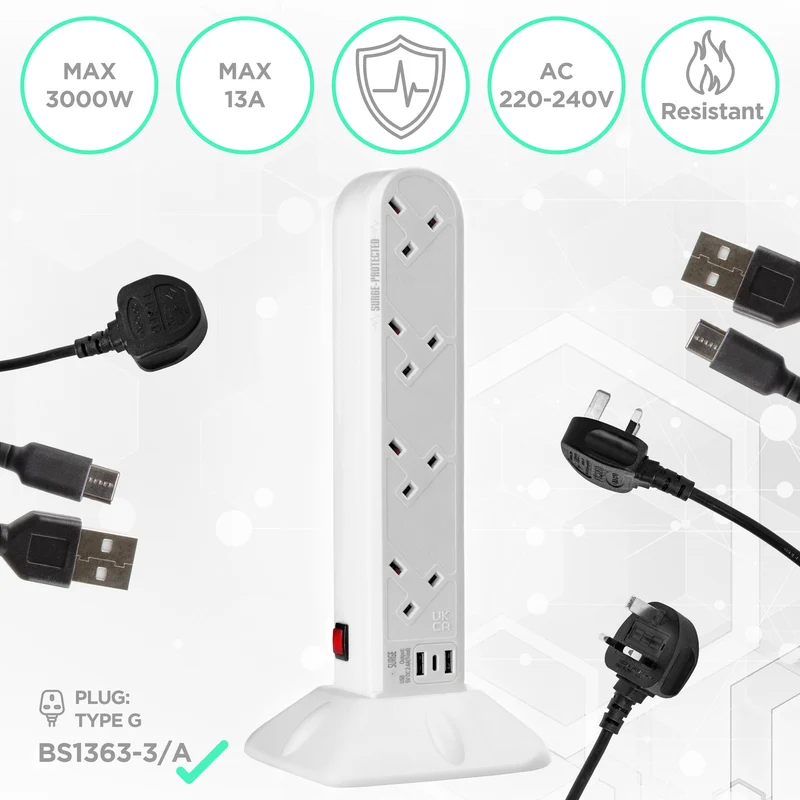 Duronic Tower Extension Lead ST8W 8 Gang Surge Protected Extension leads with USB and USB-C Slot White 8 Way Electric Power Strip with Spike Protection Multi Plug Outlet Socket with 2m Cable & UK Plug