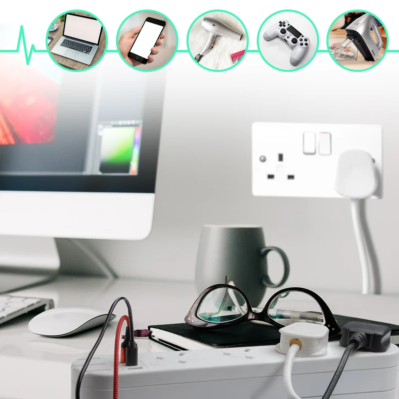 Duronic Tower Extension Lead ST8W 8 Gang Surge Protected Extension leads with USB and USB-C Slot White 8 Way Electric Power Strip with Spike Protection Multi Plug Outlet Socket with 2m Cable & UK Plug