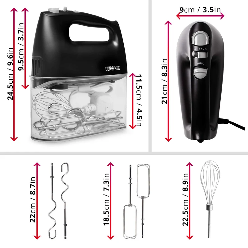 Duronic Hand Mixer Electric Whisk HM4 BK Kitchen Handheld Hand Held Food Mixers for Baking, Dough, Bread, Eggs, Cake Mix, Cream, Brownie Maker Mixer with Whisker Hooks Beater Storage Case 400W - Black
