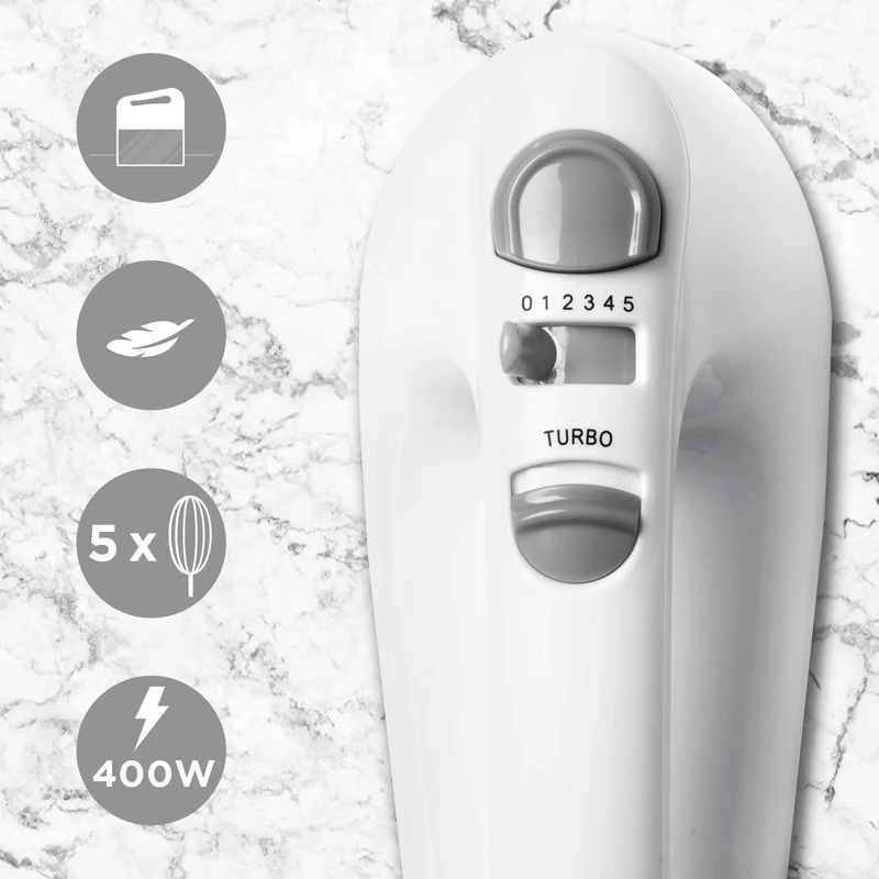 Duronic Hand Mixer Electric Whisk HM4 WE Kitchen Handheld Hand Held Food Mixers for Baking, Dough, Bread, Eggs, Cake Mix, Cream, Brownie Maker Mixer with Whisker Hooks Beater Storage Case 400W - White