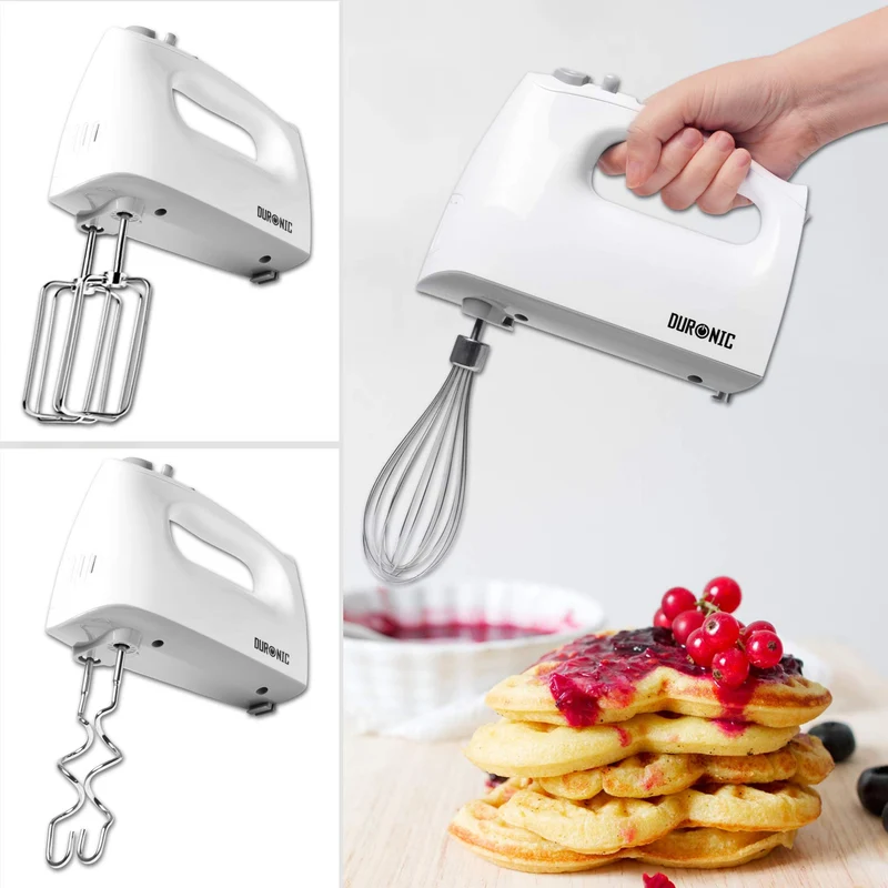 Duronic Hand Mixer Electric Whisk HM4 WE Kitchen Handheld Hand Held Food Mixers for Baking, Dough, Bread, Eggs, Cake Mix, Cream, Brownie Maker Mixer with Whisker Hooks Beater Storage Case 400W - White