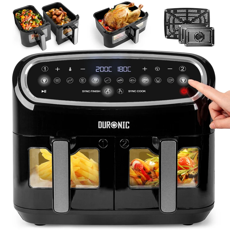 Duronic XXL Air Fryer AF34 BK 10L Digital Family Size Air Fryers Oil Free Triple Drawers 10in1 Dual Zone Extra Large AirFryer for Family Cooking with Dishwasher Safe Non-Stick Baskets Black