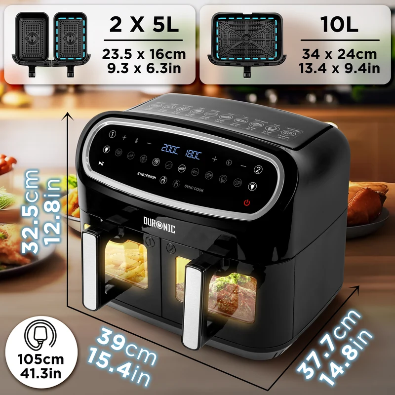 Duronic XXL Air Fryer AF34 BK 10L Digital Family Size Air Fryers Oil Free Triple Drawers 10in1 Dual Zone Extra Large AirFryer for Family Cooking with Dishwasher Safe Non-Stick Baskets Black