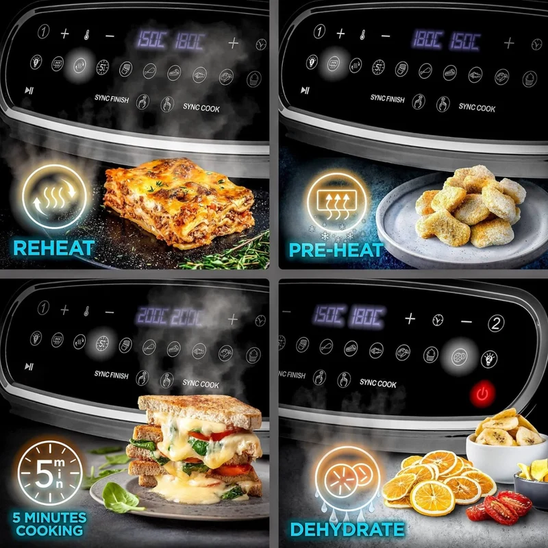 Duronic XXL Air Fryer AF34 BK 10L Digital Family Size Air Fryers Oil Free Triple Drawers 10in1 Dual Zone Extra Large AirFryer for Family Cooking with Dishwasher Safe Non-Stick Baskets Black