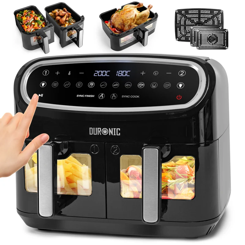 Duronic XXL Air Fryer AF34 BK 10L Digital Family Size Air Fryers Oil Free Triple Drawers 10in1 Dual Zone Extra Large AirFryer for Family Cooking with Dishwasher Safe Non-Stick Baskets Black