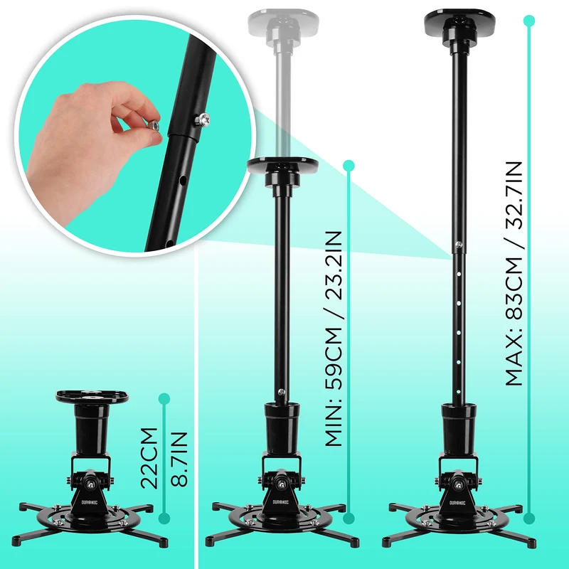 Duronic Projector Mount Stand for Ceiling or Wall Bracket PB02XL | 10kg Capacity | Multi-Fit Projector Bracket | Extendable Adjustable Clamp | Tile Swivel Rotate | Black