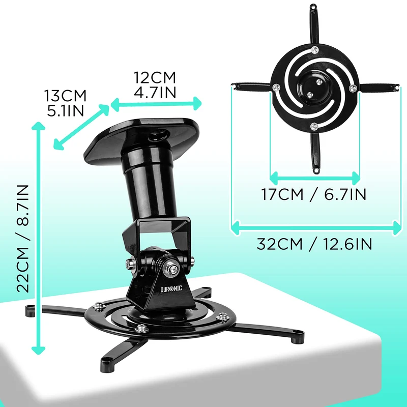 Duronic Projector Mount Stand for Ceiling or Wall Bracket PB01XB | 10kg Capacity | Multi-Fit Projector Bracket| Adjustable Clamp | Tile Swivel Rotate | Black