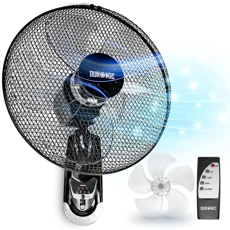 Duronic Wall Fan FN55 BK Wall Mounted Fans with Remote Control, 16 Inch 3 Speeds, Timer, Black Fan Oscillating Head with 5 Blades for Ultimate Air Cooling For Home, Office