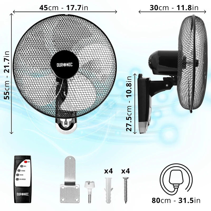 Duronic Wall Fan FN55 BK Wall Mounted Fans with Remote Control, 16 Inch 3 Speeds, Timer, Black Fan Oscillating Head with 5 Blades for Ultimate Air Cooling For Home, Office