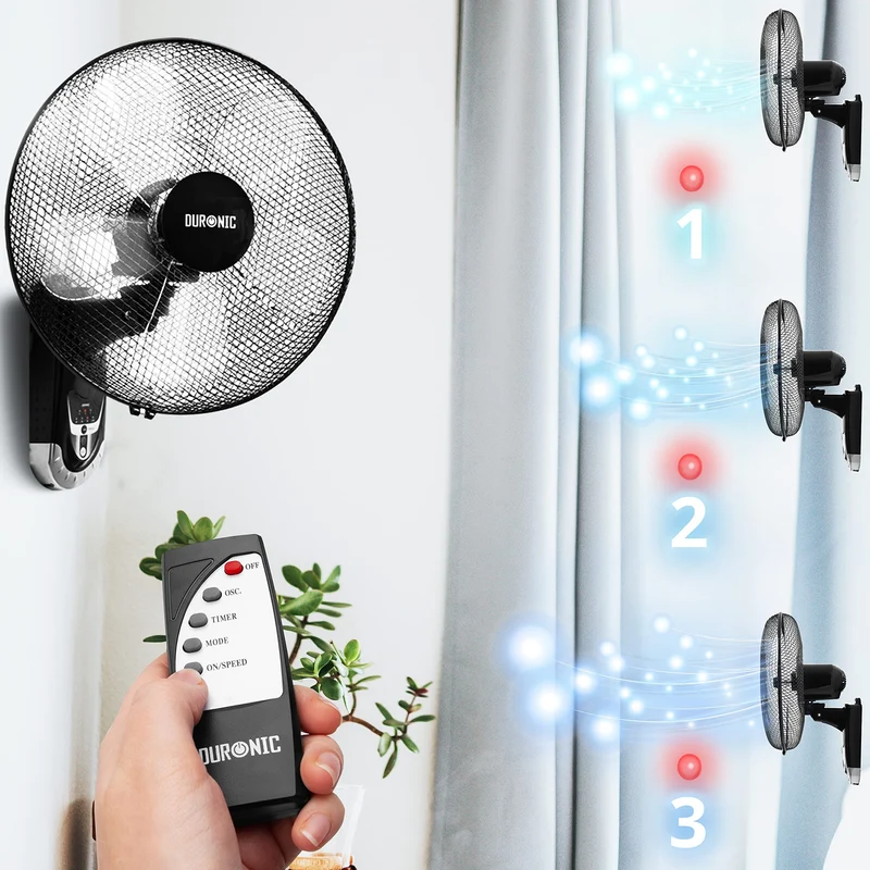 Duronic Wall Fan FN55 BK Wall Mounted Fans with Remote Control, 16 Inch 3 Speeds, Timer, Black Fan Oscillating Head with 5 Blades for Ultimate Air Cooling For Home, Office