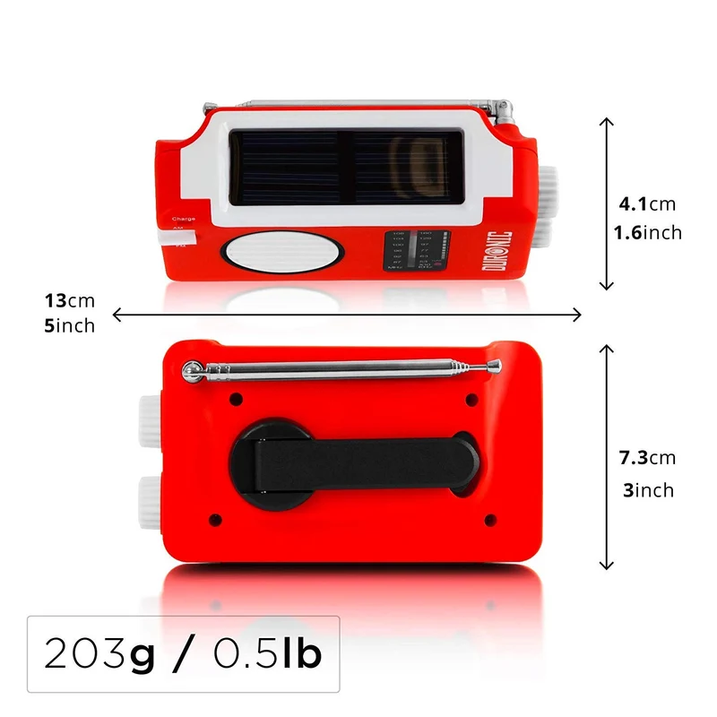 Duronic Hybrid Radio AM/FM - Aufladbar mit Solar, Kurbel und USB - 300mAh Akku - Bis zu 7h Musik mit voller Ladung - Mit Kopfhöreranschluss - Notfallradio - Kompaktradio für Camping und Outdoor