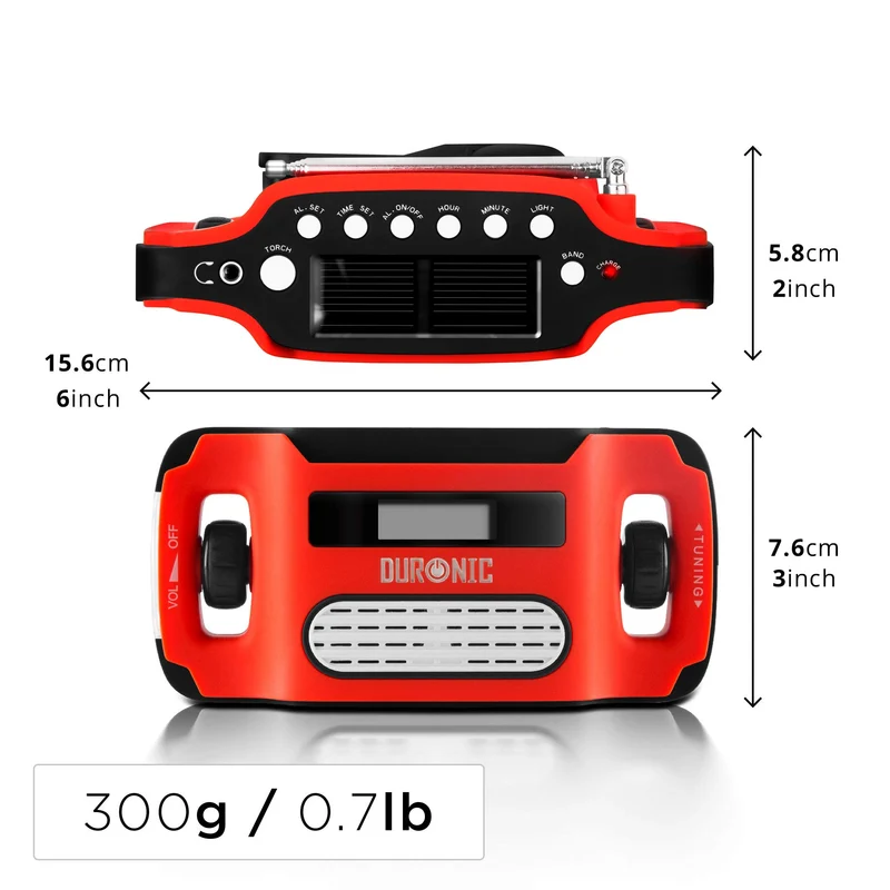 Duronic Apex Radio AM/FM | Mit Radiowecker und Taschenlampe | Aufladbar mit Solar, Kurbel und USB | 300mAh Akku | Bis zu 7h Musik mit voller Ladung | Ladefunktion für Handy | Notfallradio