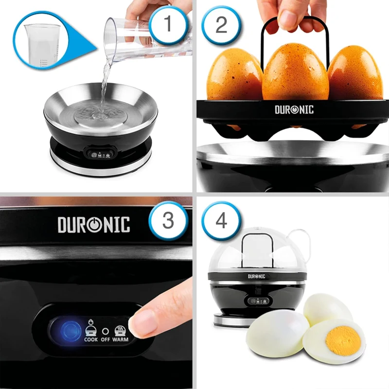 Duronic EB27 BK Eierkocher für bis zu 7 Eier, Elektrischer Egg Boiler 400W Härtegradeinstellung weich, mittel, hart, Timer & Überhitzungsschutz, inkl. Messbecher & Eipick, Perfektes Frühstücksei