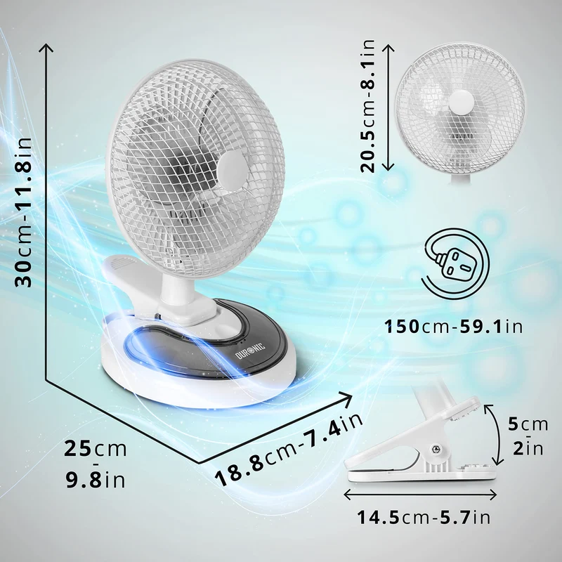 Duronic Mini Desk Fan FN15 Cooling Fan, Clip On Fan, Desktop Fan, Wall Mount, 2 Speed Oscillating Mountable Tilt Stand Fan with Storage Compartment, Air Cooler Portable Summer Fan for Office Home Bedroom Gym Travel Holidays