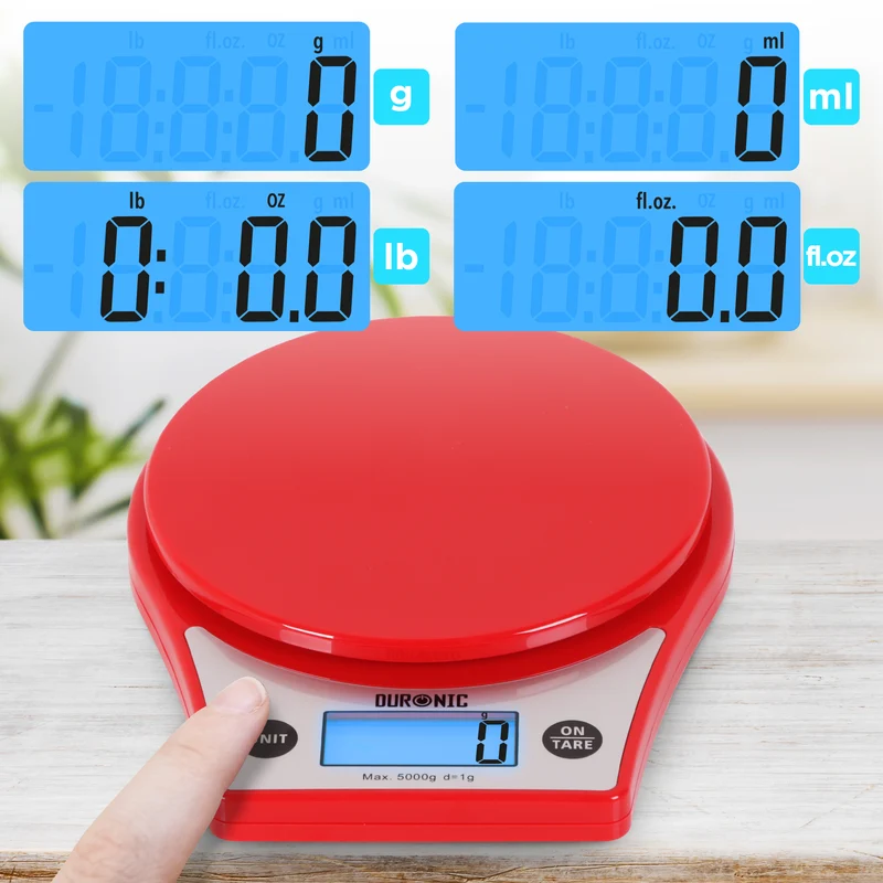 Duronic Digital Kitchen Scale KS6000 RD Kitchen Scales with Bowl, Weighing Scale, Baking Scale for Cooking Baking Pet Food Postal, Food Scale Weight Scale, Electronic Scale with Backlit LCD Display