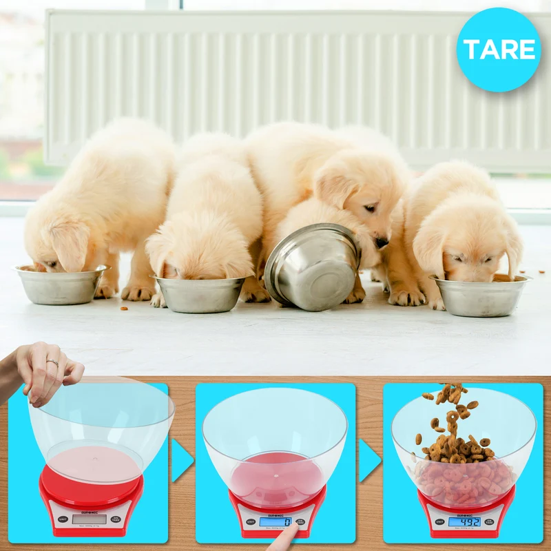Duronic Digital Kitchen Scale KS6000 RD Kitchen Scales with Bowl, Weighing Scale, Baking Scale for Cooking Baking Pet Food Postal, Food Scale Weight Scale, Electronic Scale with Backlit LCD Display