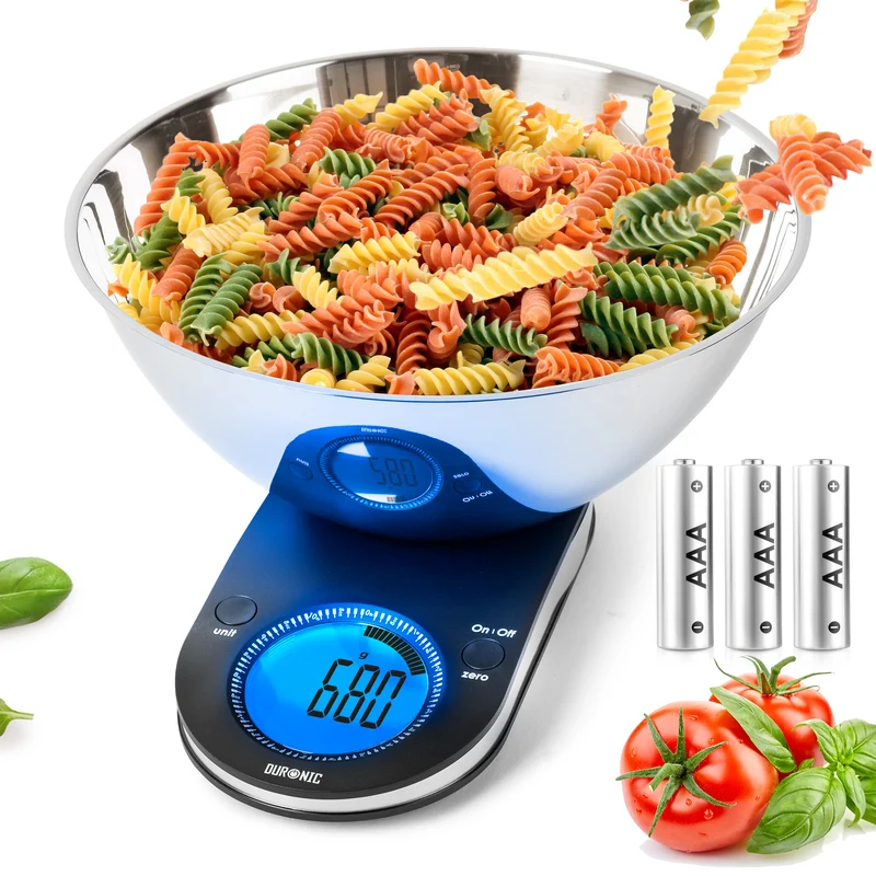 Duronic Digital Kitchen Scale KS5000 Kitchen Scales with Bowl, Weighing Scale, Baking Scale for Cooking, Baking, Pet Food, Postal, Food Scale, Weight Scale, Electronic Scale with Backlit LCD Display