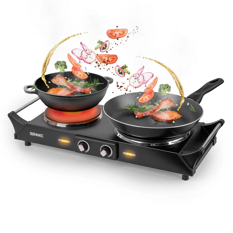 Duronic Double Hot Plate HP2 BK 2500W Twin Electric Hob with Handles 2 Cast Iron Portable Cooker Burner Rings (1500W & 1000W) Induction Stove Twin Hot Plates for Home Kitchen Camping Cooking