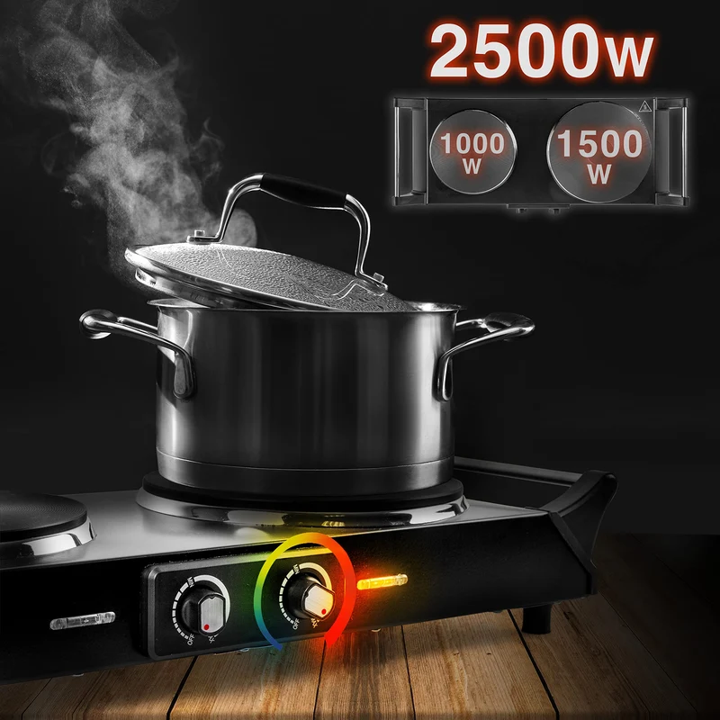 Duronic Double Hot Plate HP2 BK 2500W Twin Electric Hob with Handles 2 Cast Iron Portable Cooker Burner Rings (1500W & 1000W) Induction Stove Twin Hot Plates for Home Kitchen Camping Cooking
