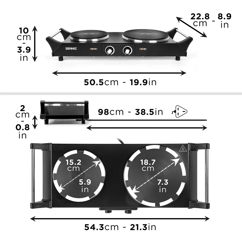 Duronic Double Hot Plate HP2 BK 2500W Twin Electric Hob with Handles 2 Cast Iron Portable Cooker Burner Rings (1500W & 1000W) Induction Stove Twin Hot Plates for Home Kitchen Camping Cooking
