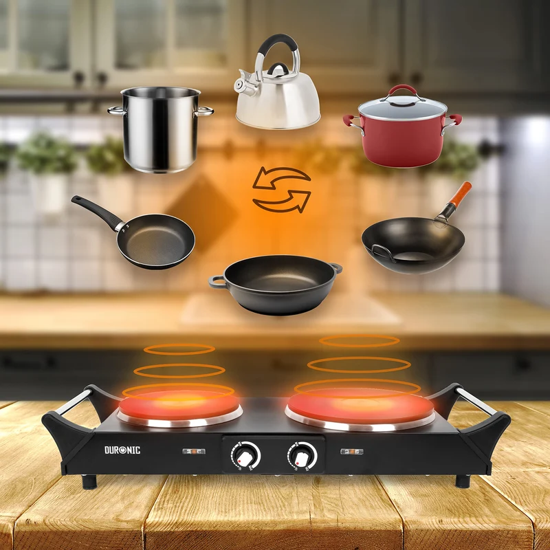 Duronic Double Hot Plate HP2 BK 2500W Twin Electric Hob with Handles 2 Cast Iron Portable Cooker Burner Rings (1500W & 1000W) Induction Stove Twin Hot Plates for Home Kitchen Camping Cooking