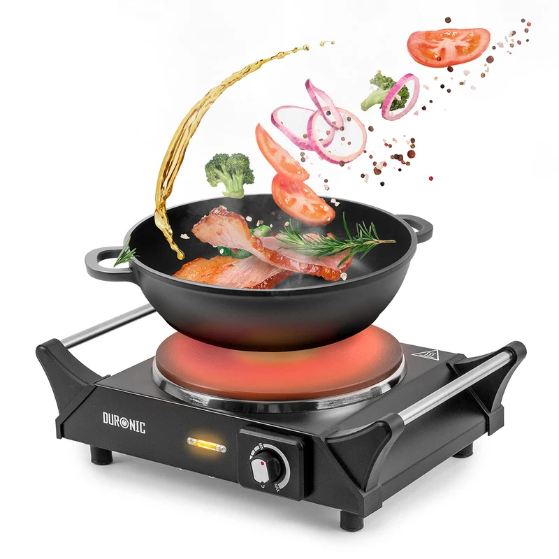 Duronic Hot Plate HP1 BK 1500W Single Electric Hob with Handles Cast Iron Induction Stove Portable Burner Rings Black Steel Hot Plates for Home Kitchen Camping Cooking