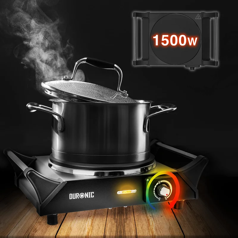 Duronic Hot Plate HP1 BK 1500W Single Electric Hob with Handles Cast Iron Induction Stove Portable Burner Rings Black Steel Hot Plates for Home Kitchen Camping Cooking