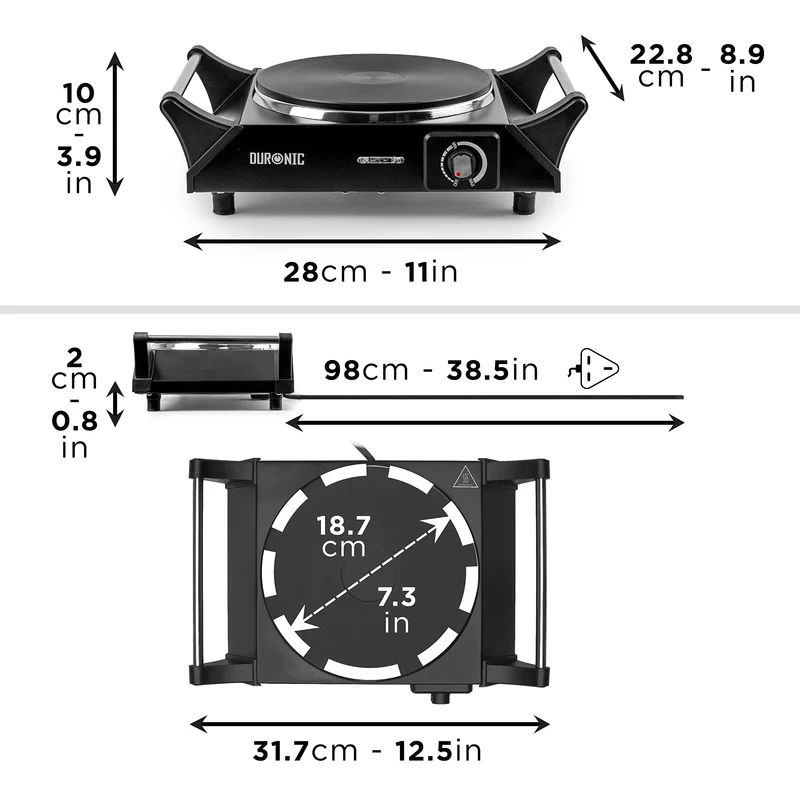 Duronic Hot Plate HP1 BK 1500W Single Electric Hob with Handles Cast Iron Induction Stove Portable Burner Rings Black Steel Hot Plates for Home Kitchen Camping Cooking