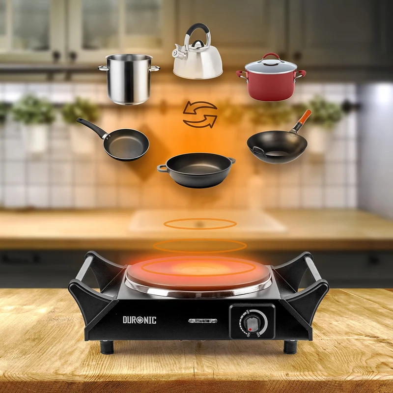 Duronic Hot Plate HP1 BK 1500W Single Electric Hob with Handles Cast Iron Induction Stove Portable Burner Rings Black Steel Hot Plates for Home Kitchen Camping Cooking